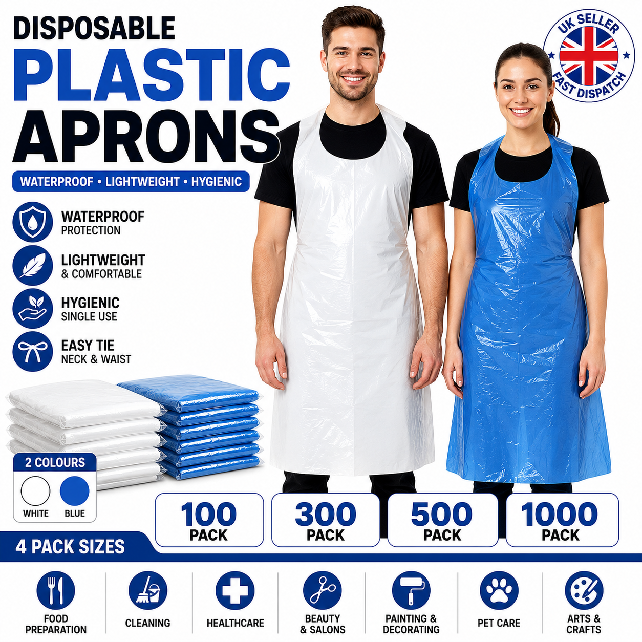 Disposable Apron Polythene Plastic Aprons Eco Flat Pack or Roll White / Blue