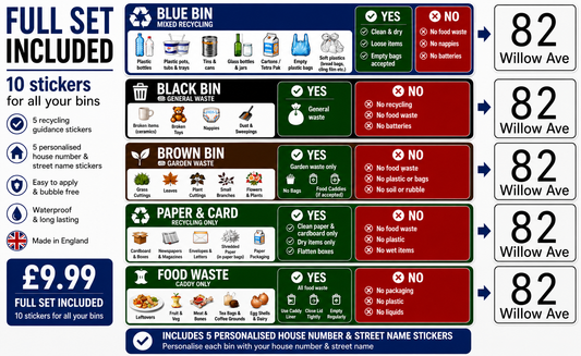 Suffolk Recycling Bin Sticker Set – Personalised Wheelie Bin Labels (10 or 15 Sticker Sets)