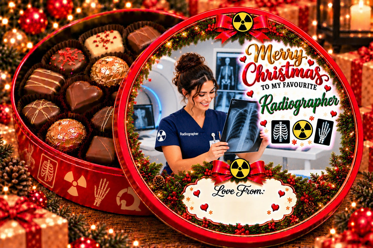 Christmas chocolate tub sticker mock-up – Radiographer
