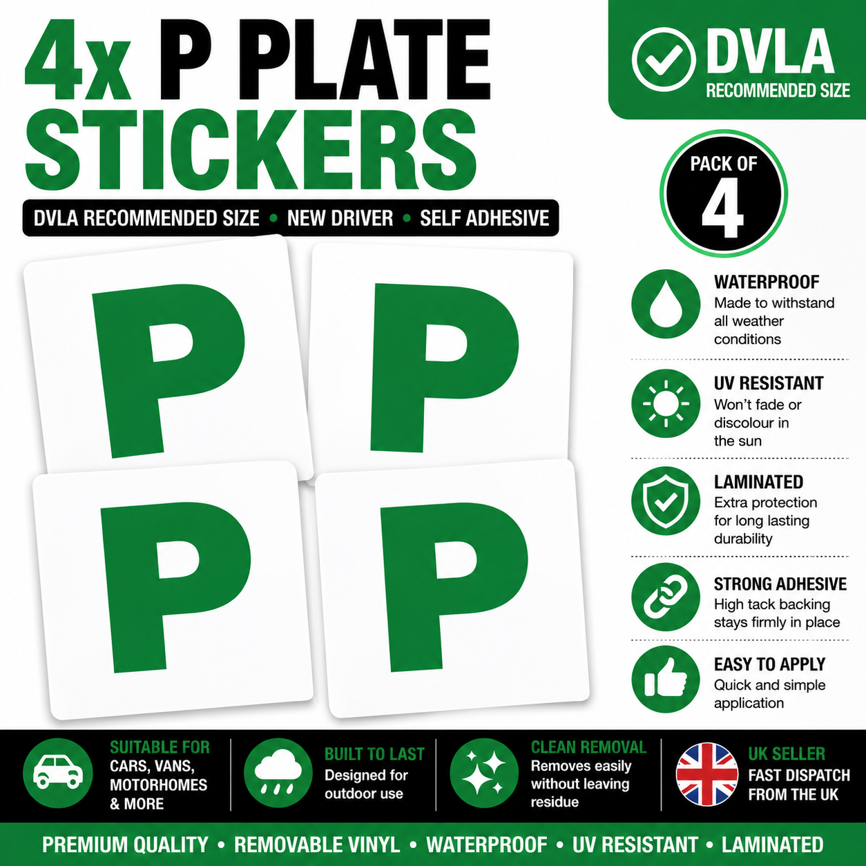 4x P Plate Stickers DVLA Legal Size Pass Driver Self Adhesive Car Decals