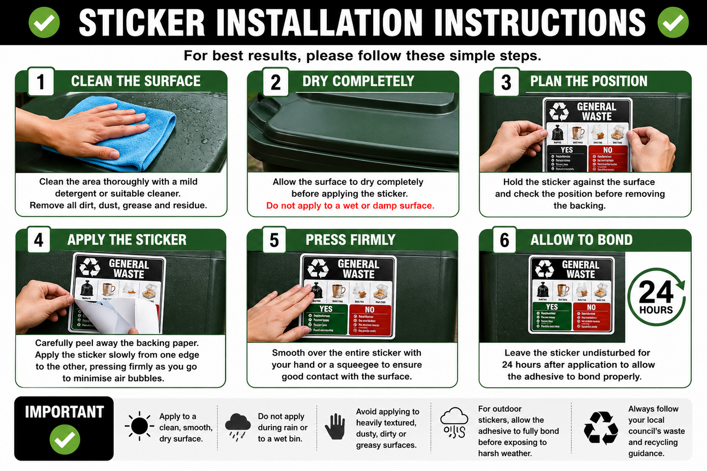 Bin Guidance Stickers, General Waste, Food Waste, Paper & Card, Mixed Recycling