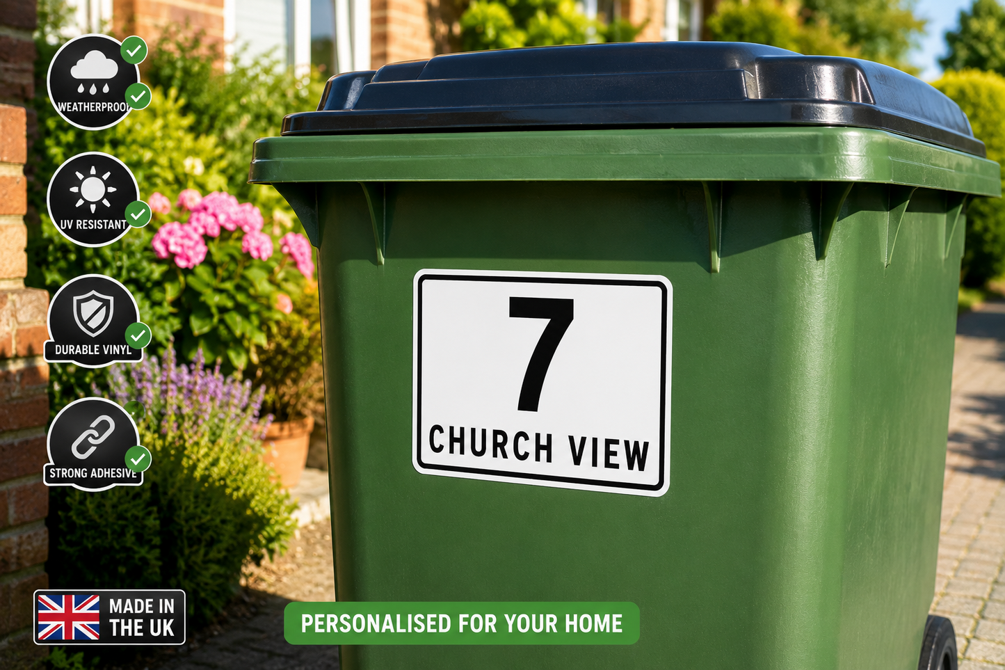 Personalised 4 Wheelie Bin Stickers House Number & Street Name Waterproof