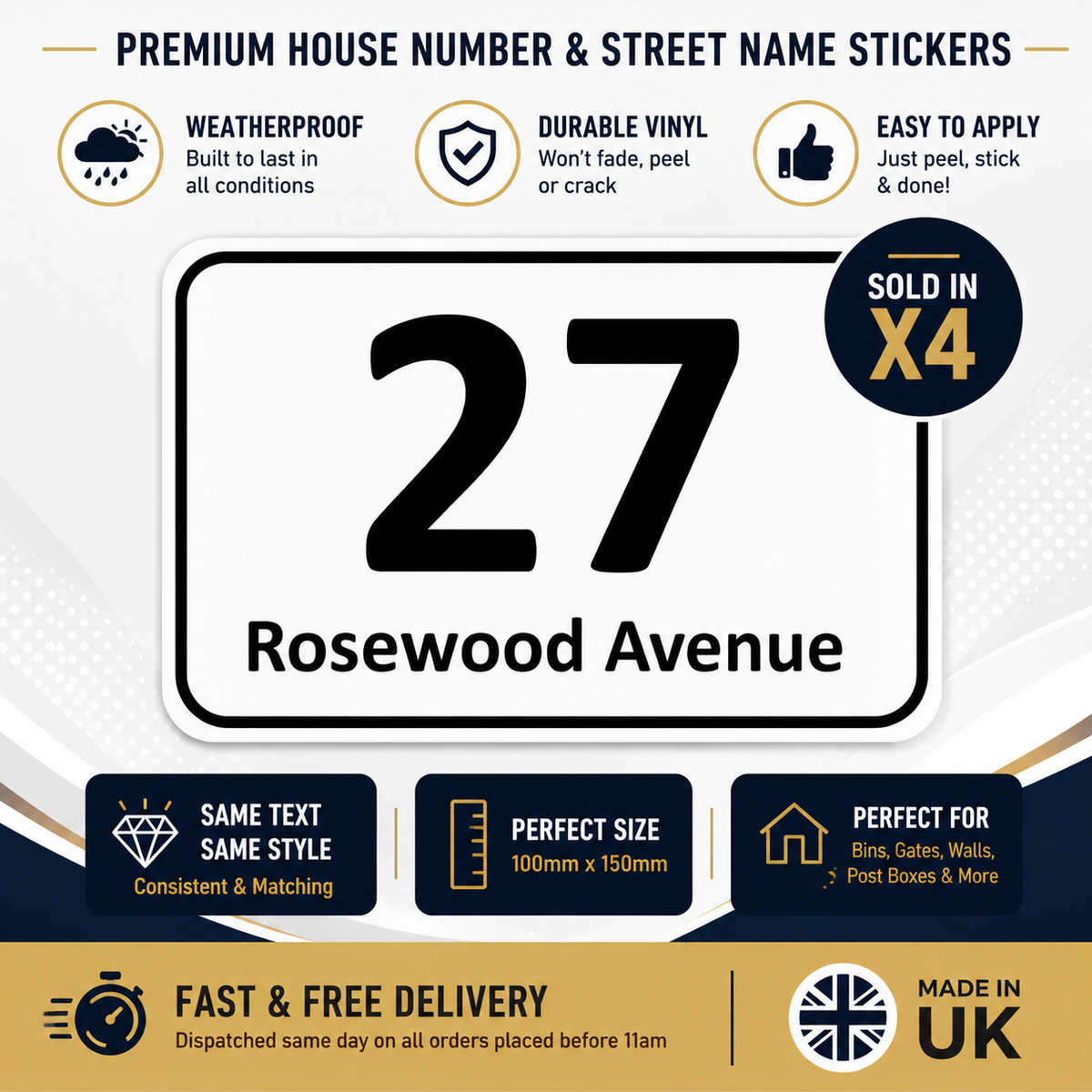 Personalised 4 Wheelie Bin Stickers House Number & Street Name Waterproof