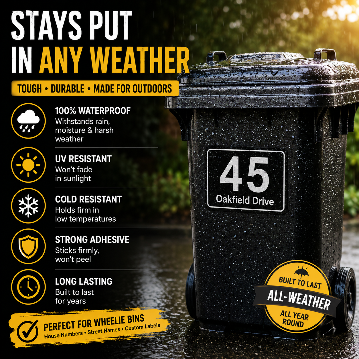 Personalised 4 Wheelie Bin Stickers House Number & Street Name Waterproof