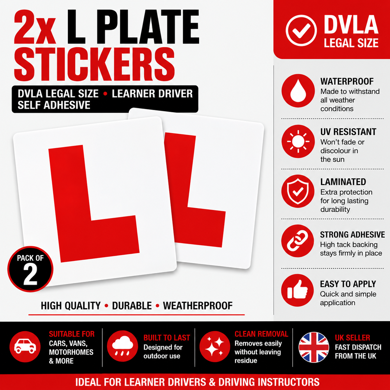 2x L PLATE Stickers - DVLA Legal Size - Learner Driver - Self Adhesive Sticker