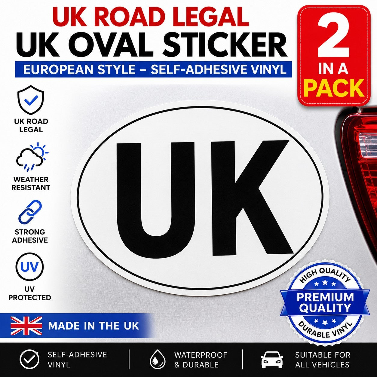 2x UK Oval Rear Car Sticker Euro Car, Van, Lorry, Vinyl, GB, Decal, France