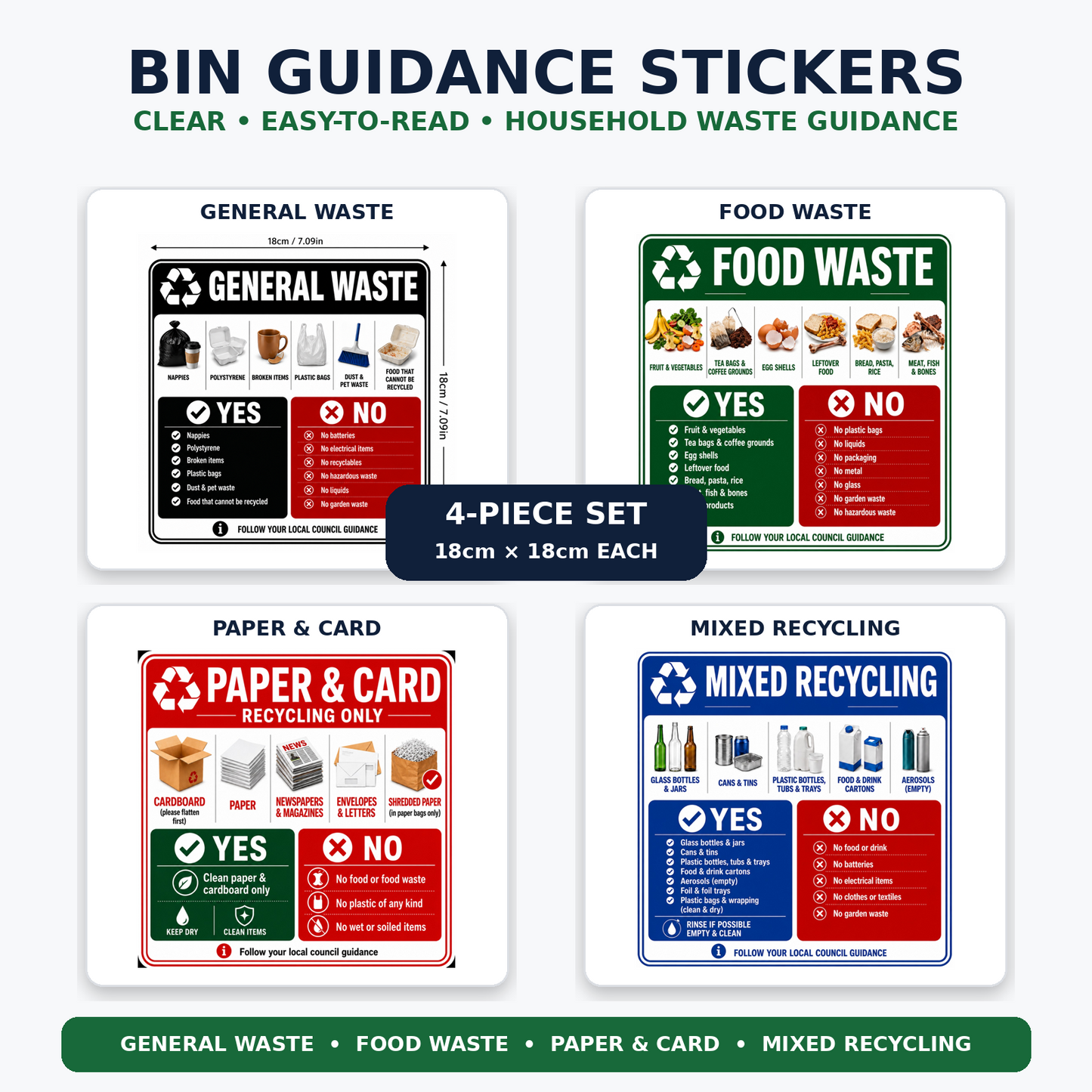 Bin Guidance Stickers, General Waste, Food Waste, Paper & Card, Mixed Recycling