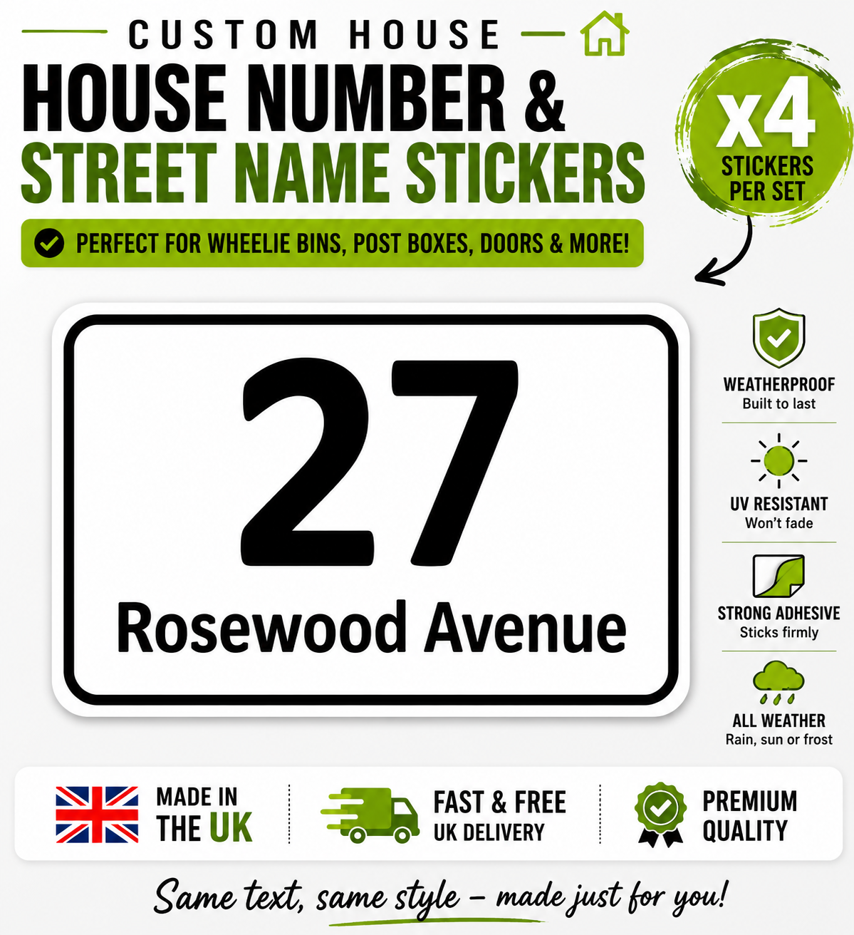 Personalised 4 Wheelie Bin Stickers House Number & Street Name Waterproof