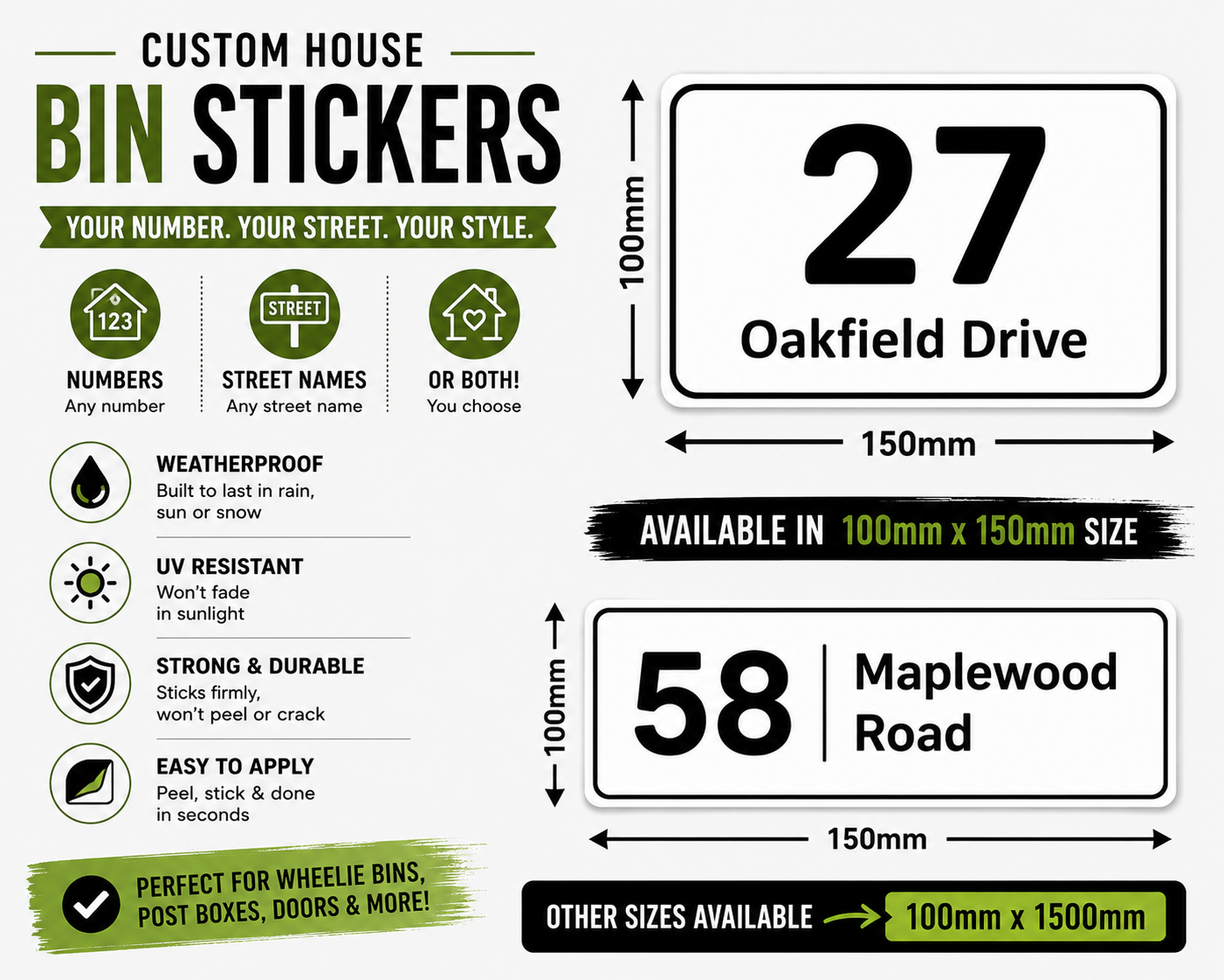 Personalised 4 Wheelie Bin Stickers House Number & Street Name Waterproof
