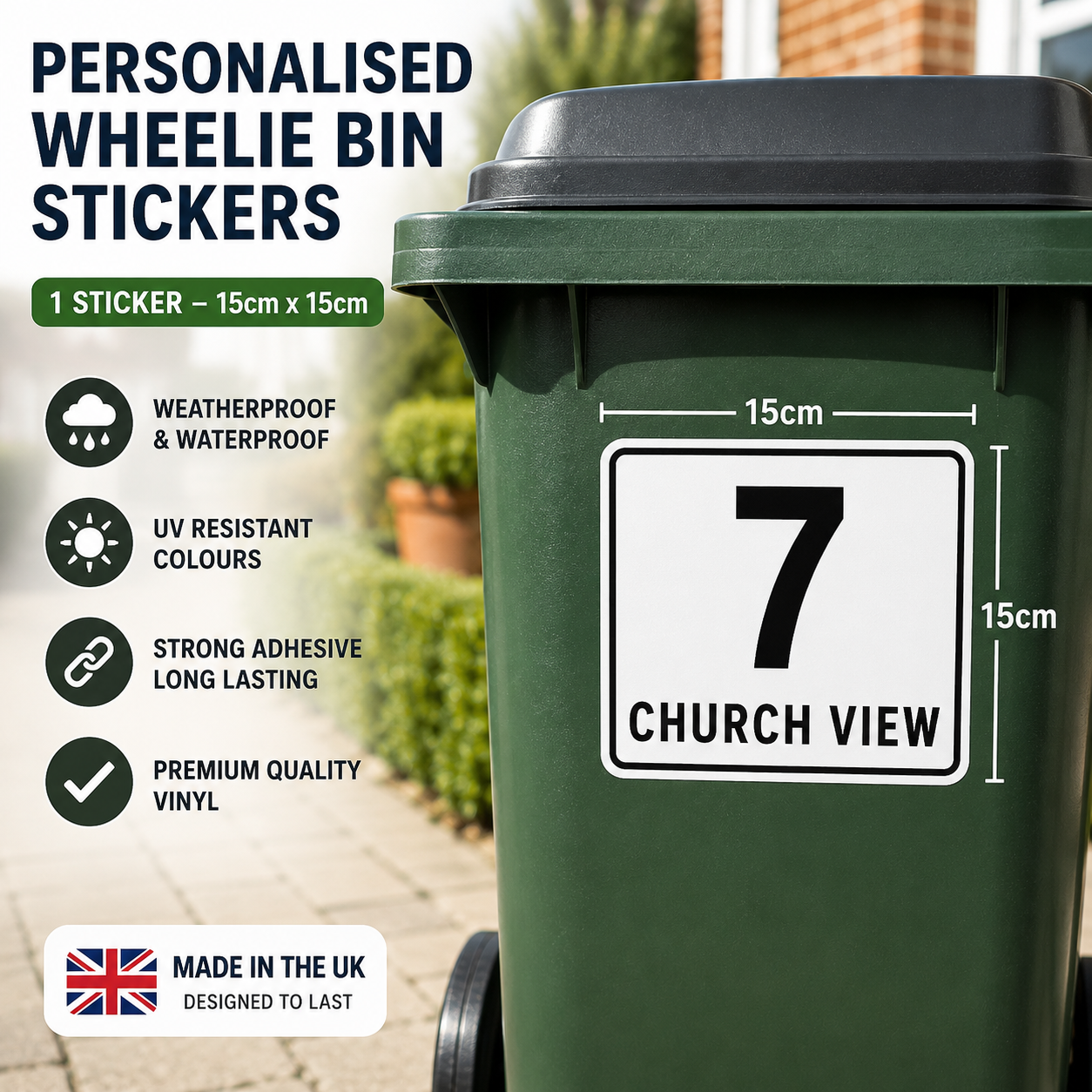 Personalised 4 Wheelie Bin Stickers House Number & Street Name Waterproof