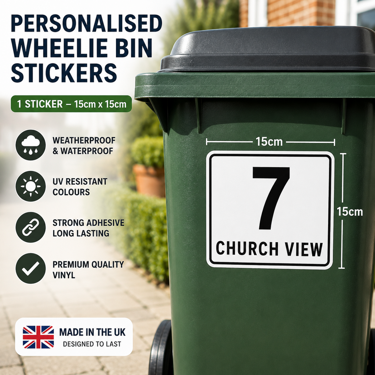 Personalised 4 Wheelie Bin Stickers House Number & Street Name Waterproof
