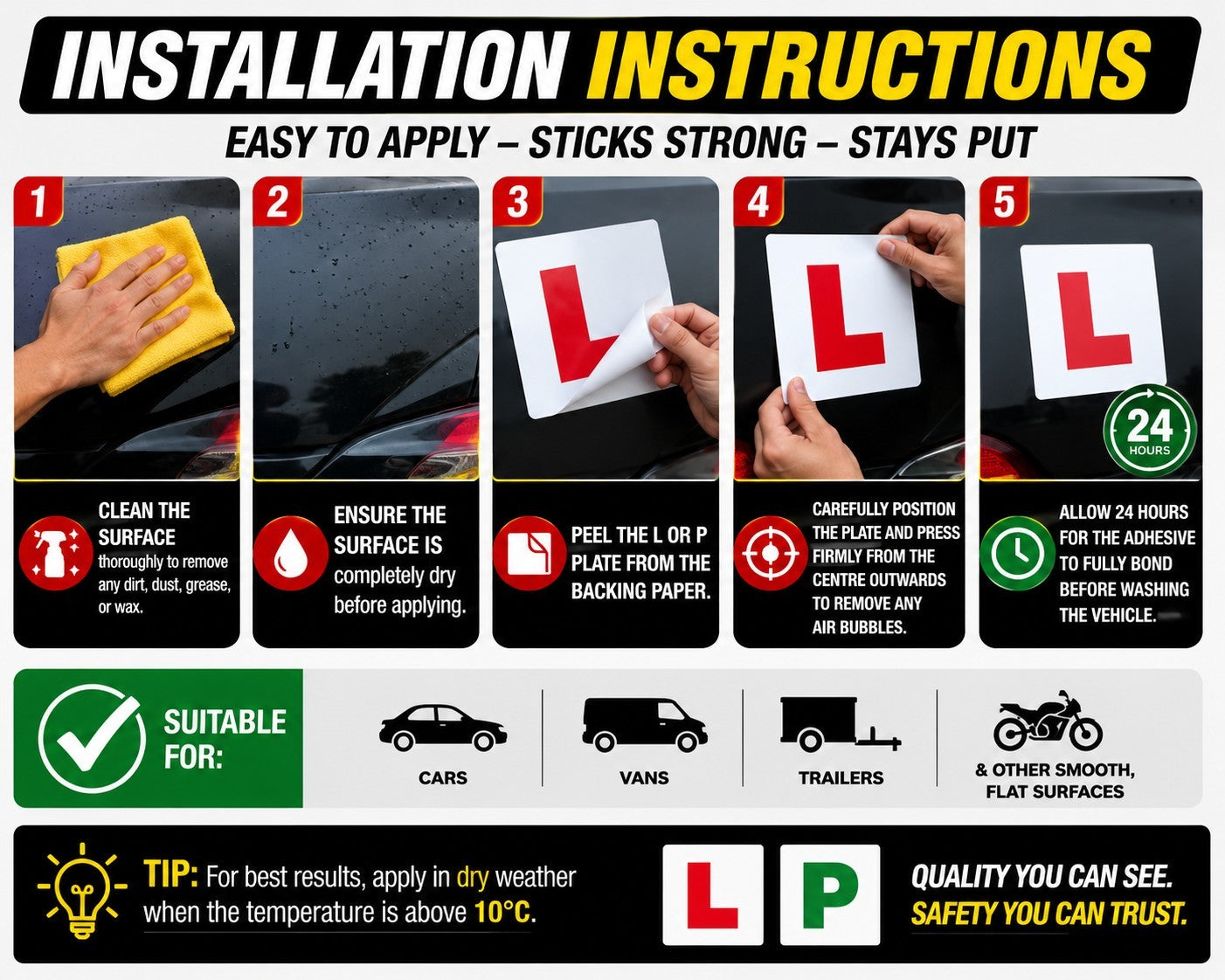 L Plate & P Plate Stickers x4 Self Adhesive Learner Driver Car Van Waterproof UK