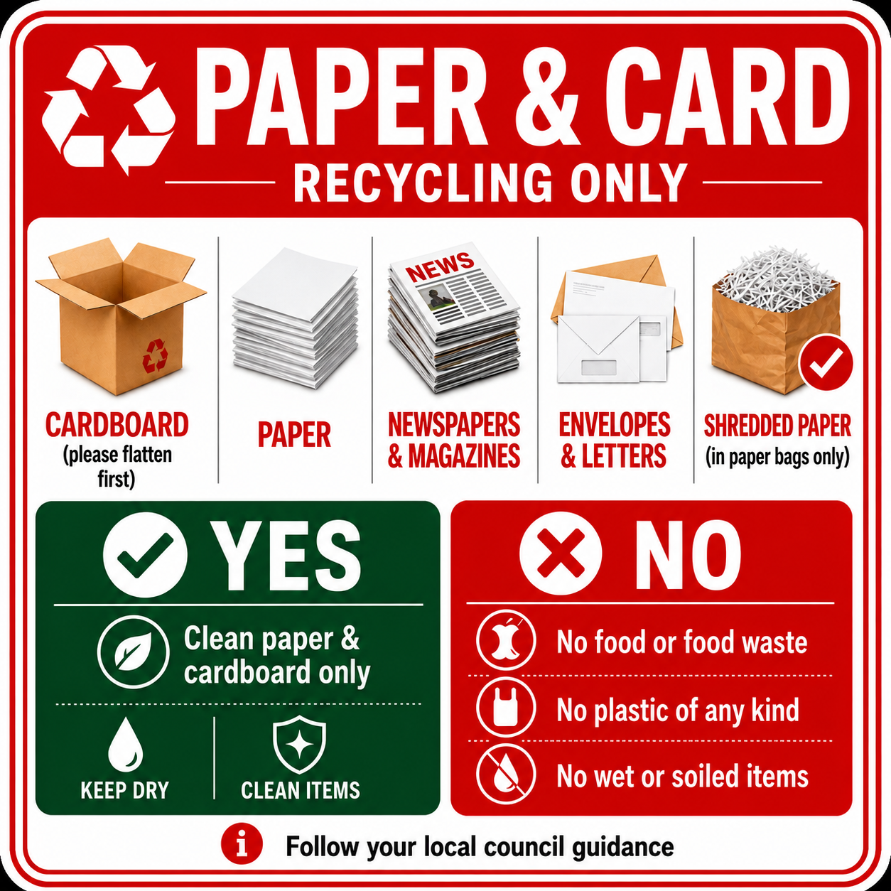 Bin Guidance Stickers, General Waste, Food Waste, Paper & Card, Mixed Recycling