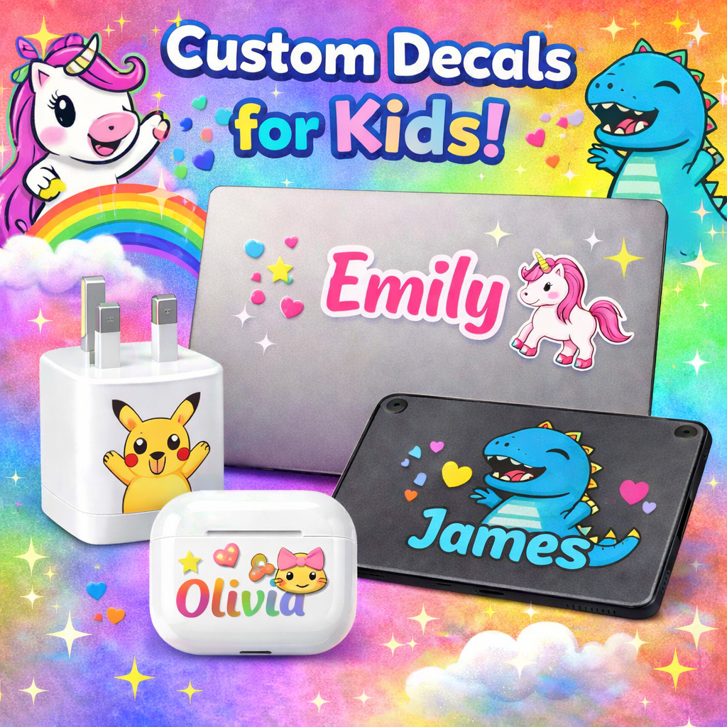 Personalised Tech Decal Sticker Name Logo Photo Charger Laptop iPad AirPods