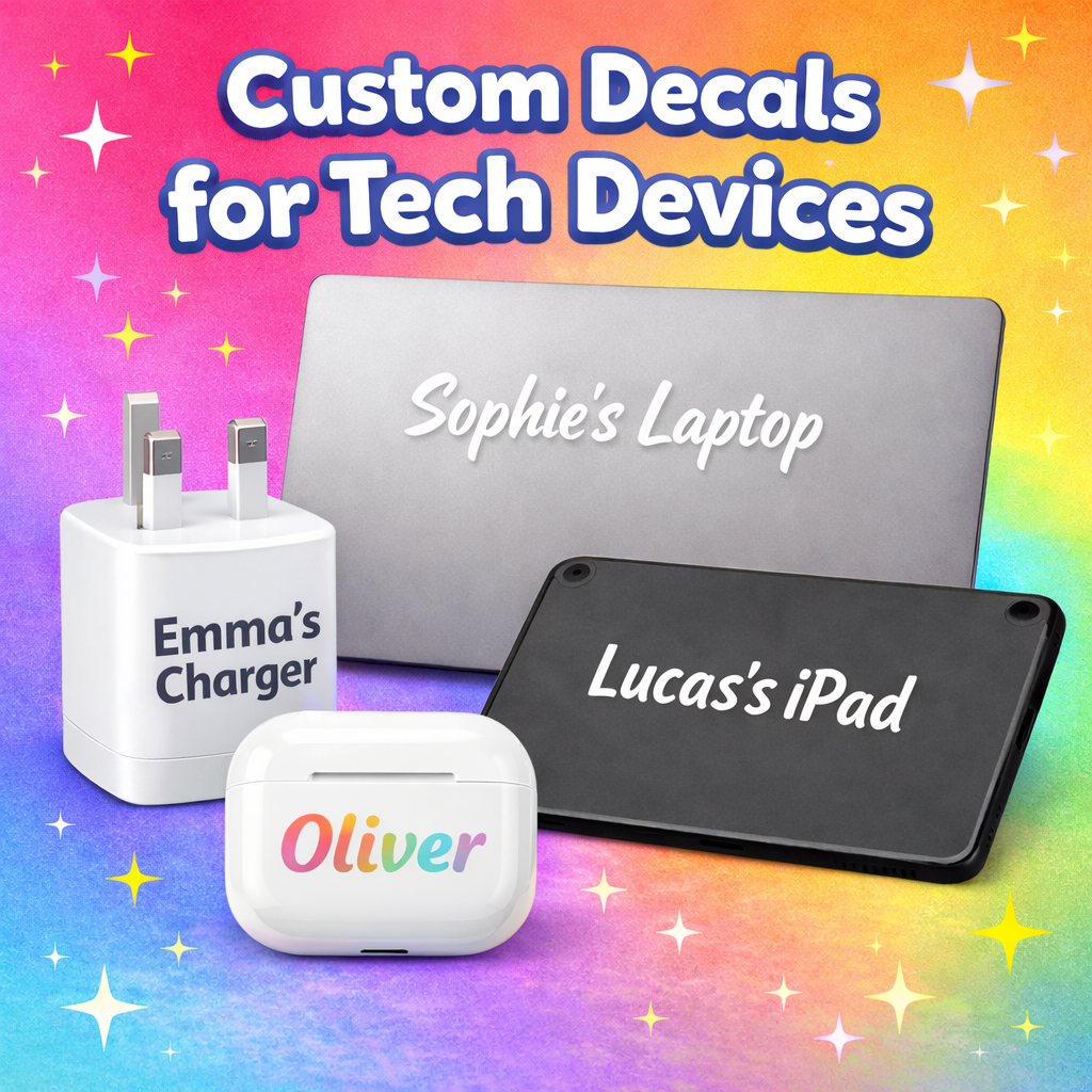 Personalised Tech Decal Sticker Name Logo Photo Charger Laptop iPad AirPods