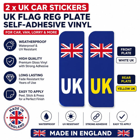 2 x UK Car Stickers - UK Flag Reg Plate Self-Adhesive Vinyl for Car, Van, Lorry