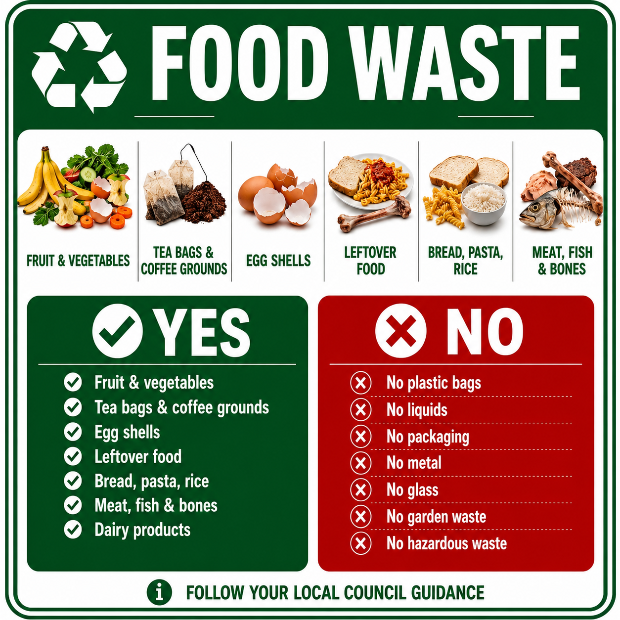 Bin Guidance Stickers, General Waste, Food Waste, Paper & Card, Mixed Recycling