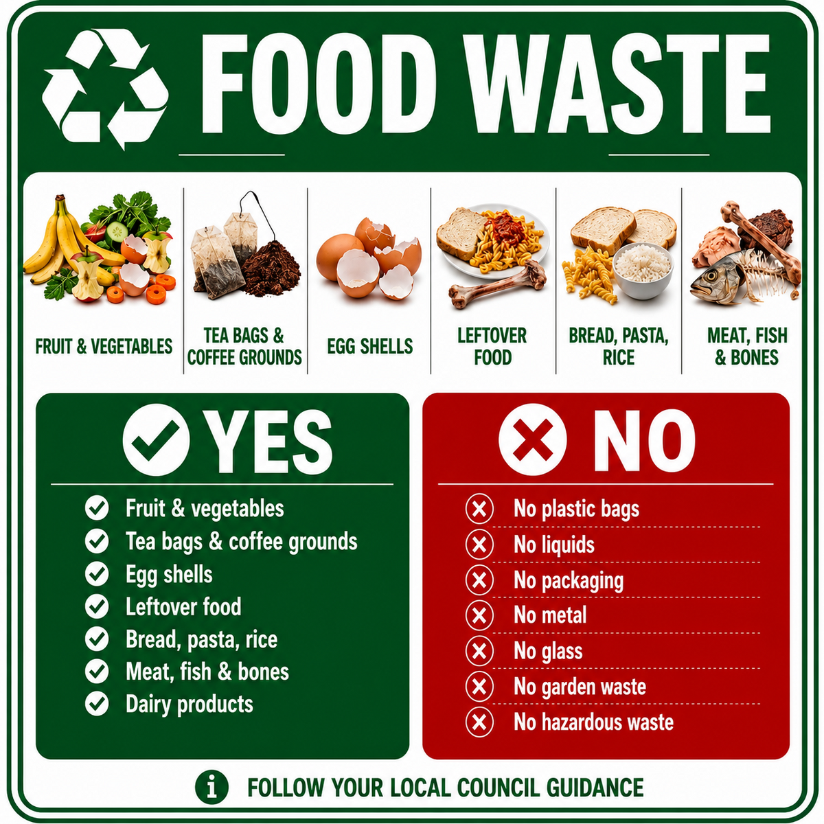 Bin Guidance Stickers, General Waste, Food Waste, Paper & Card, Mixed Recycling
