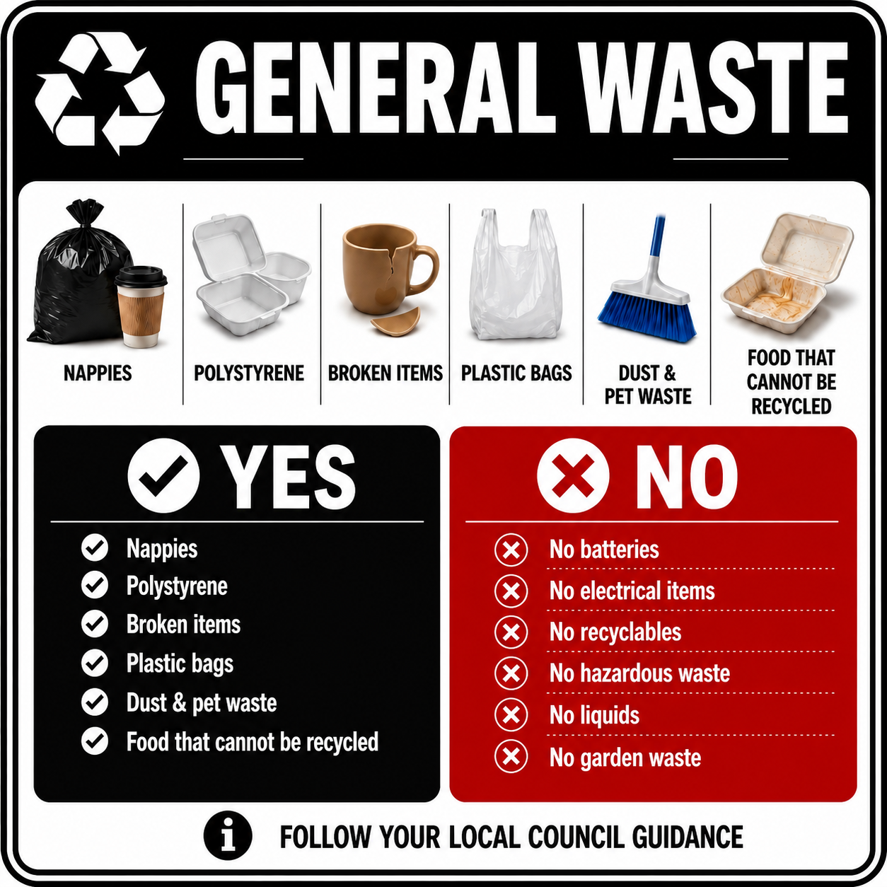 Bin Guidance Stickers, General Waste, Food Waste, Paper & Card, Mixed Recycling