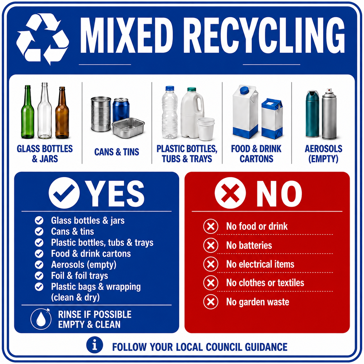 Bin Guidance Stickers, General Waste, Food Waste, Paper & Card, Mixed Recycling