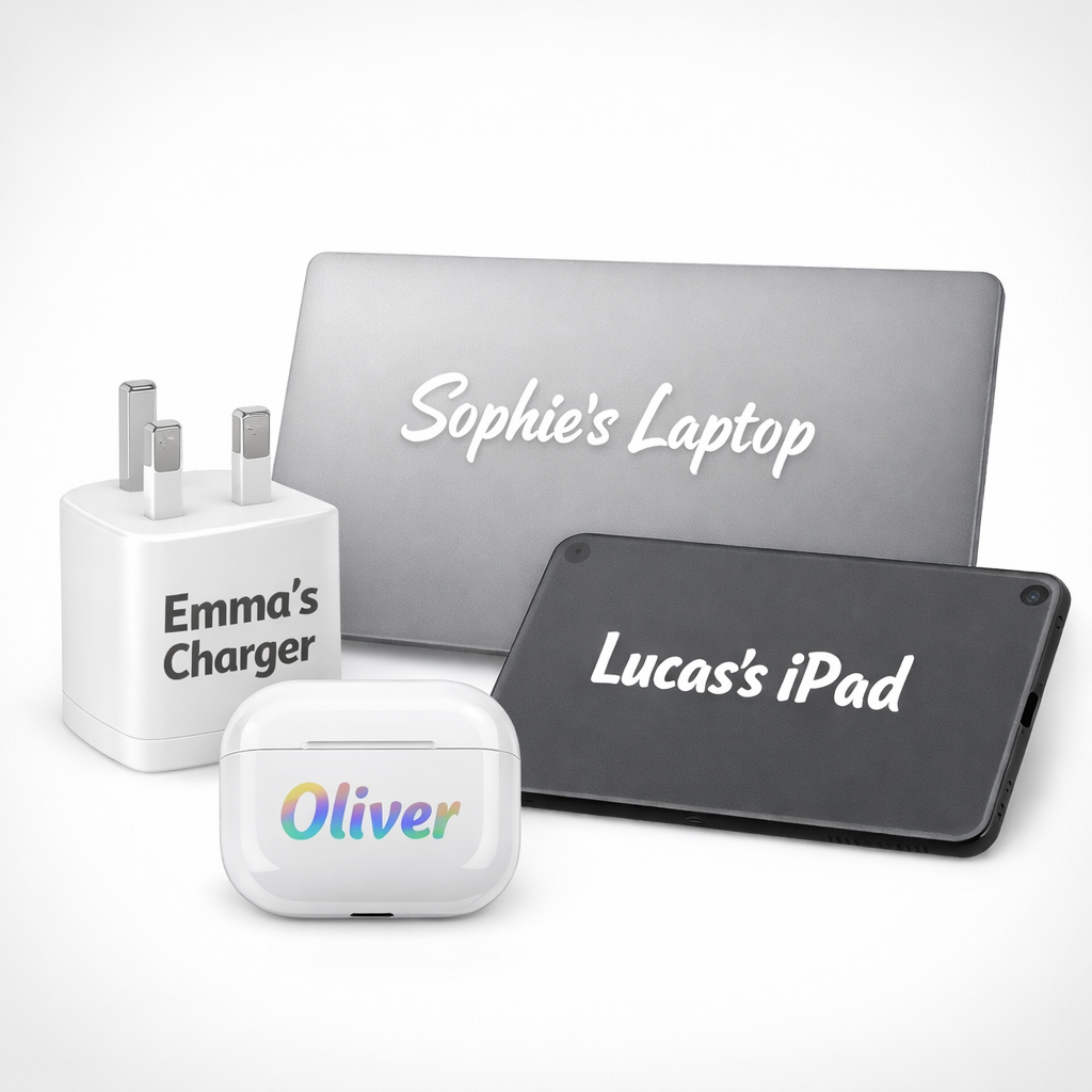 Personalised Tech Decal Sticker Name Logo Photo Charger Laptop iPad AirPods