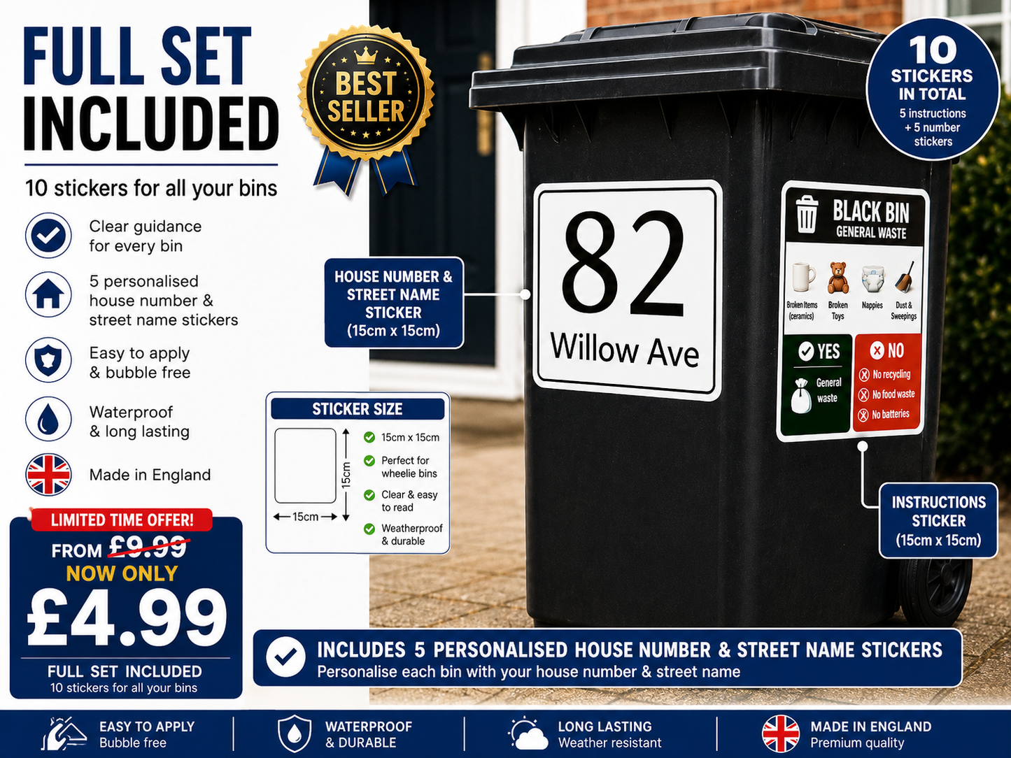 Suffolk Recycling Bin Sticker Set – Personalised Wheelie Bin Label Set (10 or 15 Sticker Sets)
