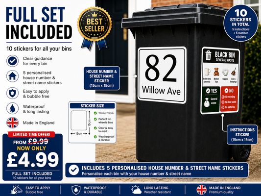 Suffolk Recycling Bin Sticker Set – Personalised Wheelie Bin Label Set (10 or 15 Sticker Sets)