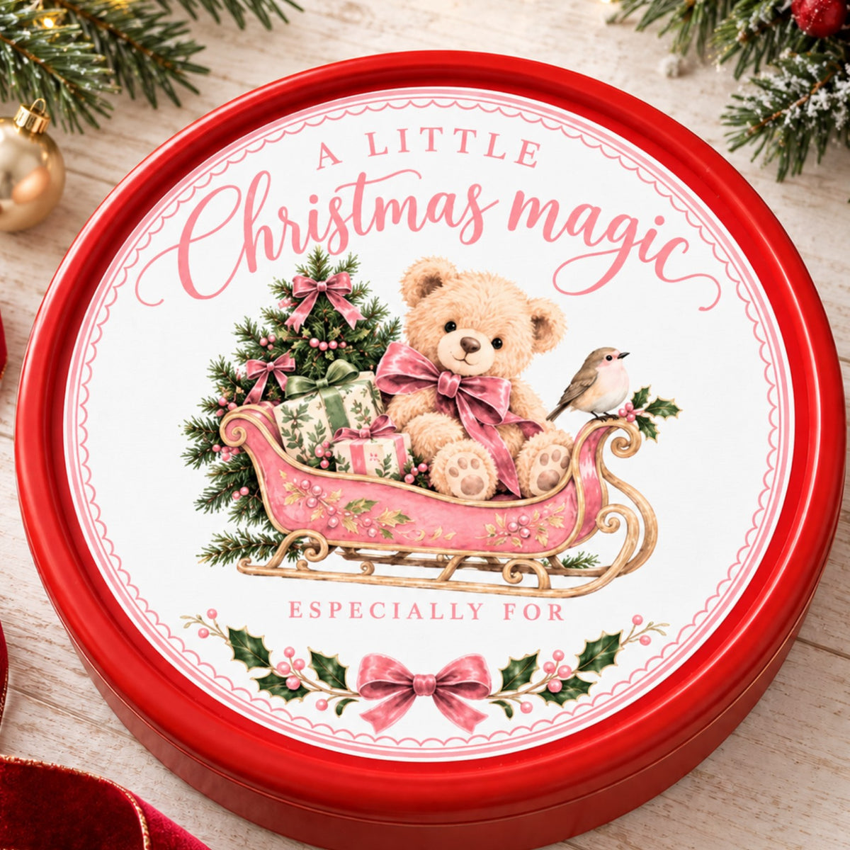 A Little Christmas Magic pink teddy bear chocolate tub sticker