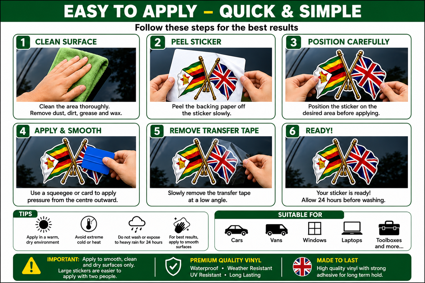 Zimbabwe & UK Crossed Flags Sticker – Zimbabwean & British Flag Vinyl Decal