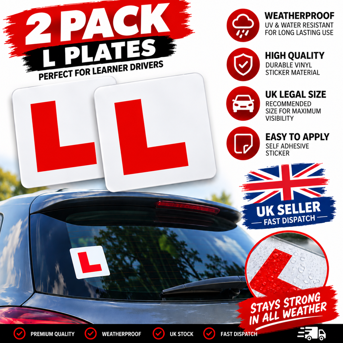 2 x L Plate stickers – red L on white, weatherproof vinyl