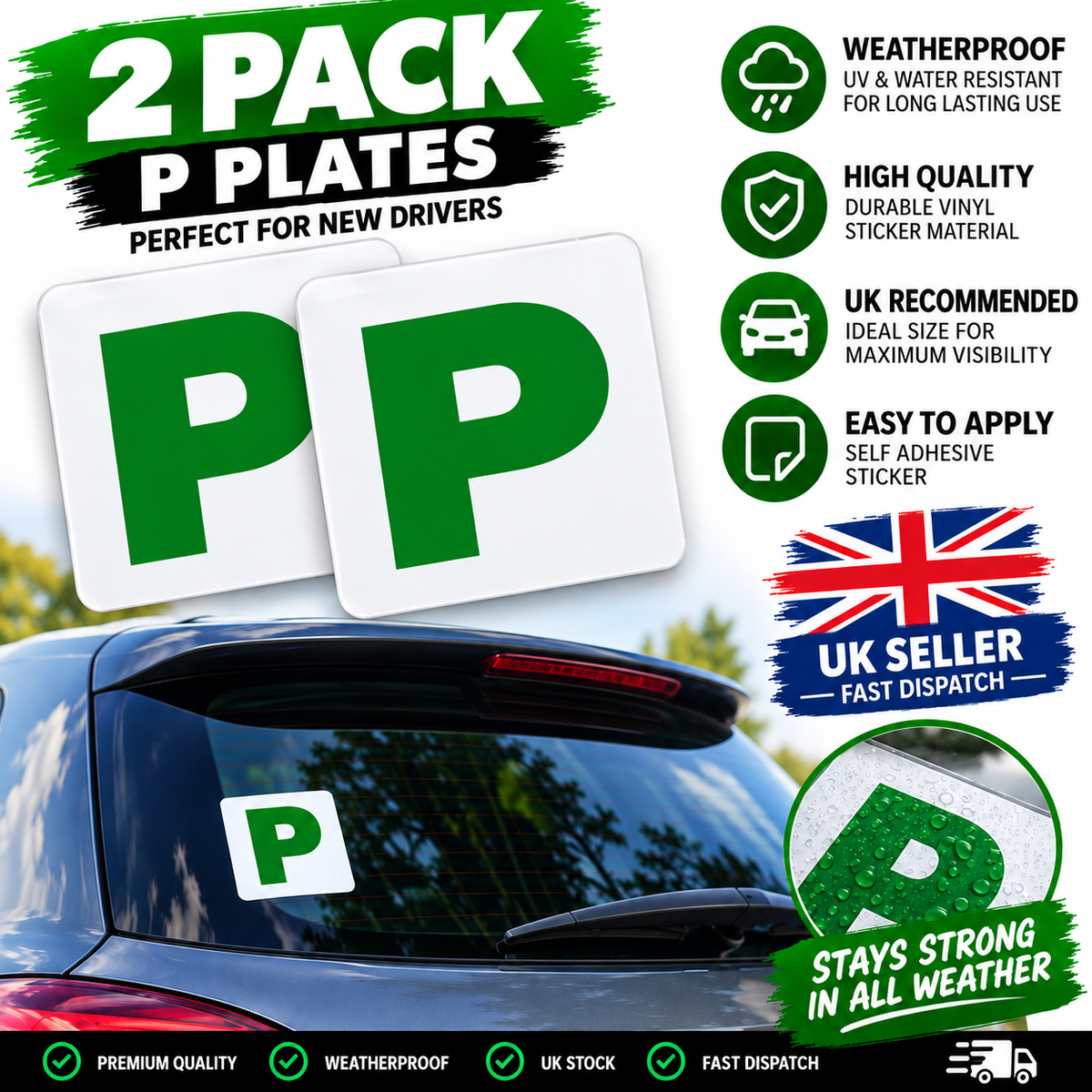 2 x P Plate stickers – green P on white, weatherproof vinyl