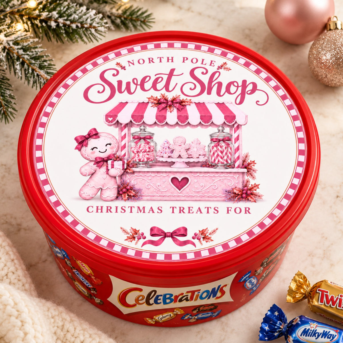 North Pole Sweet Shop pink Christmas chocolate tub sticker