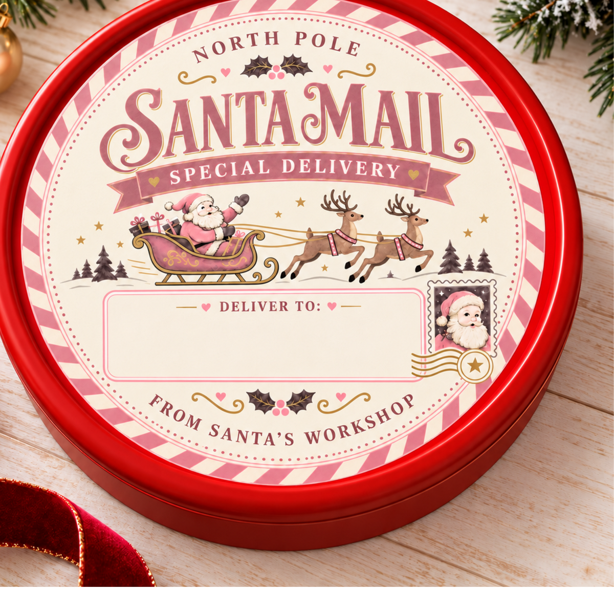 Santa Mail Special Delivery pink Christmas chocolate tub sticker