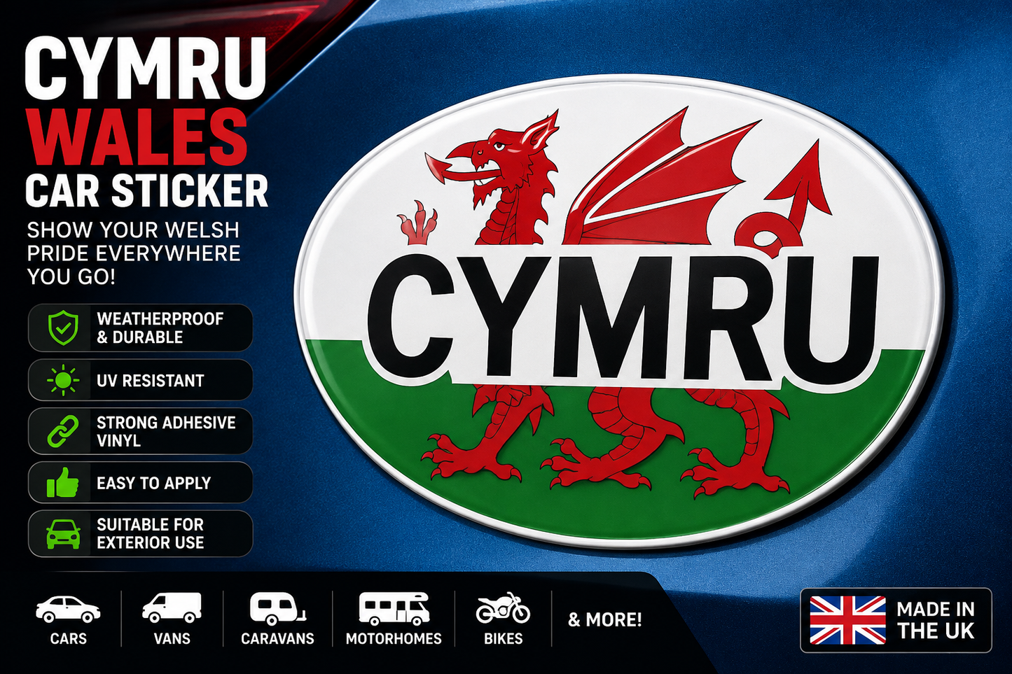 Cymru Wales Car Sticker – Welsh Flag & Dragon