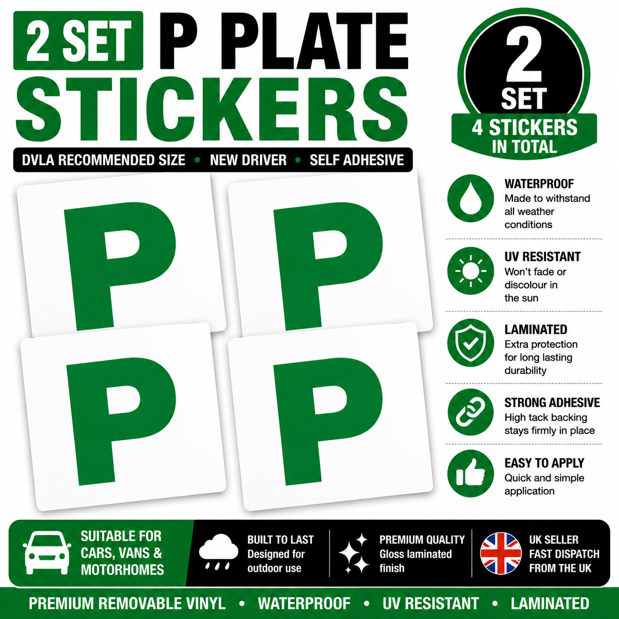 2 x P Plate Stickers – New Driver Car Window Decals | Removable & Weatherproof | UK