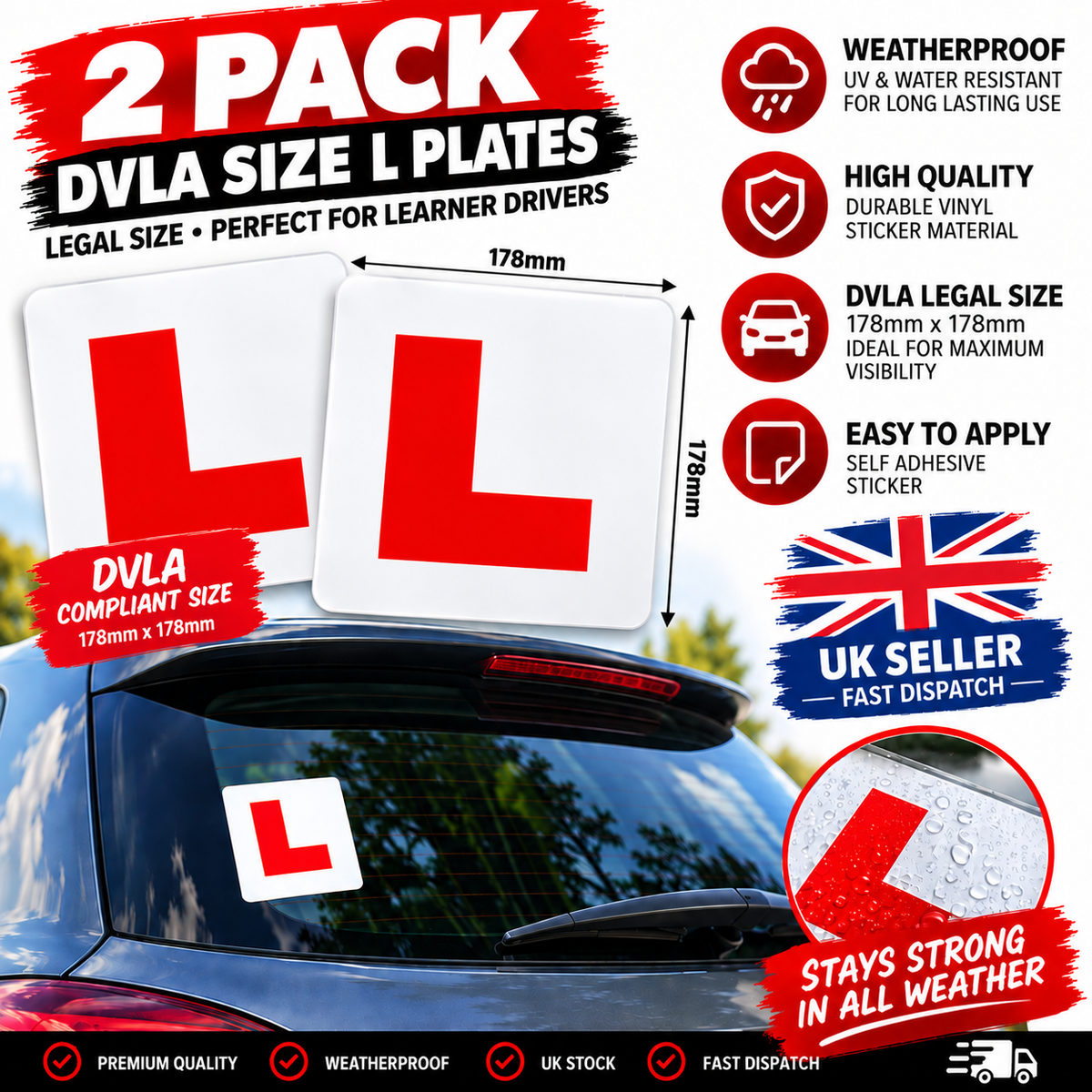 4 x DVLA size L Plate stickers – 178mm x 178mm red L weatherproof vinyl