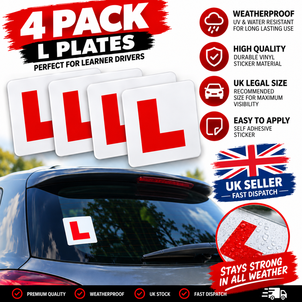 4 x L Plate stickers – red L on white, weatherproof vinyl