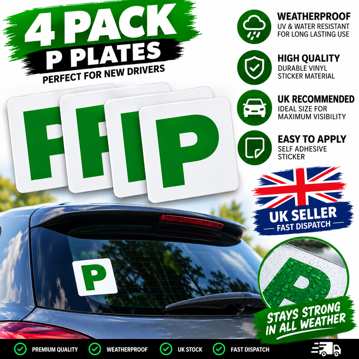 4 x P Plate stickers – green P on white, weatherproof vinyl