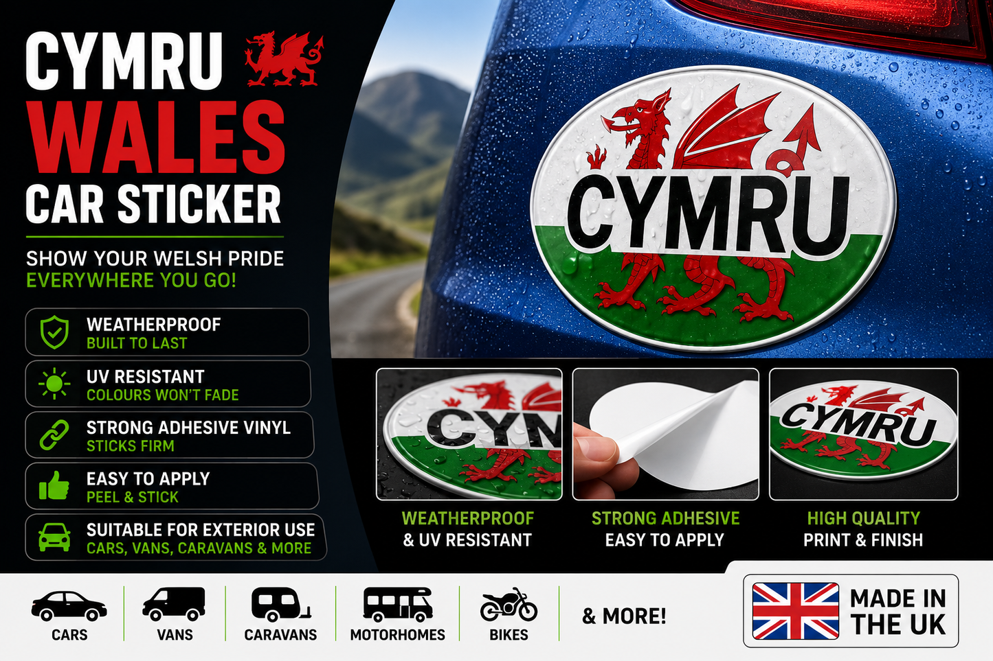 Cymru Wales Car Sticker – Welsh Flag & Dragon