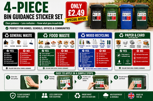 Bin Guidance Stickers, General Waste, Food Waste, Paper & Card, Mixed Recycling