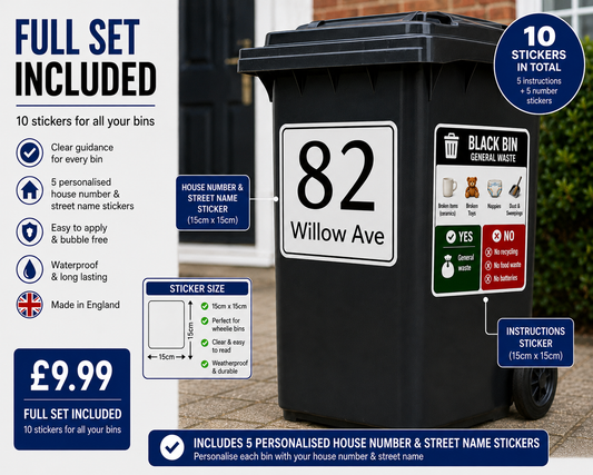 Suffolk Recycling Bin Sticker Set – Personalised Wheelie Bin Labels (10 or 15 Sticker Sets)