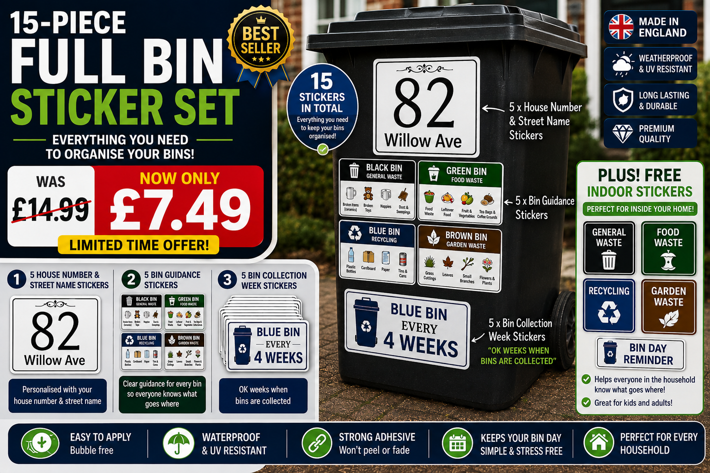 Suffolk Recycling Bin Sticker Set – Personalised Wheelie Bin Label Set (10 or 15 Sticker Sets)