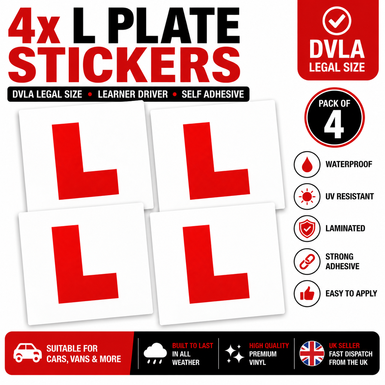 4 x Premium Learner Driver L Plate Sticker | Removable Weatherproof Car Window Decal