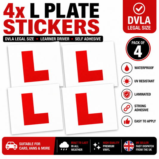 4 x Premium Learner Driver L Plate Sticker | Removable Weatherproof Car Window Decal