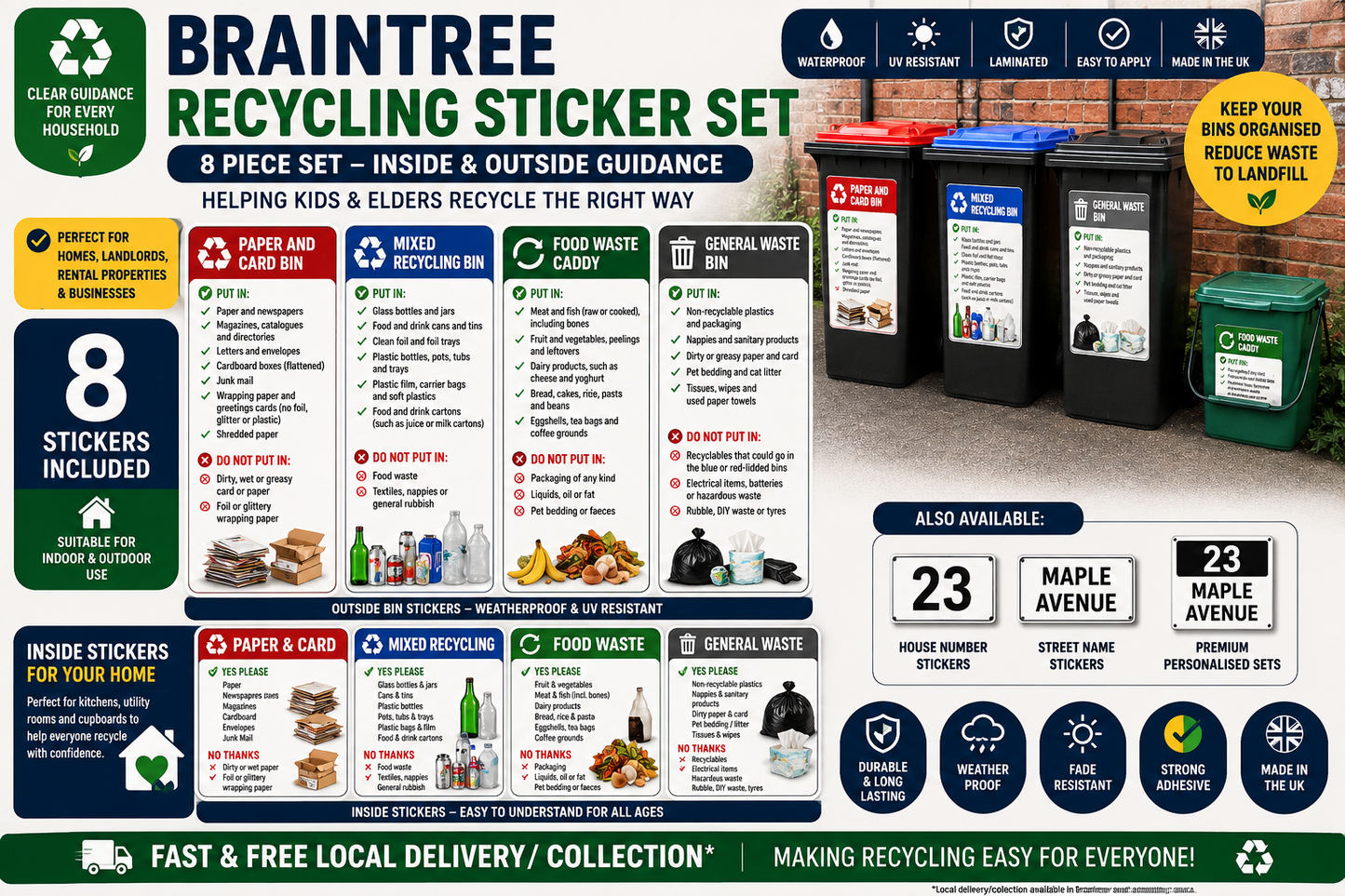 Suffolk Recycling Bin Sticker Set – Personalised Wheelie Bin Label Set (10 or 15 Sticker Sets)