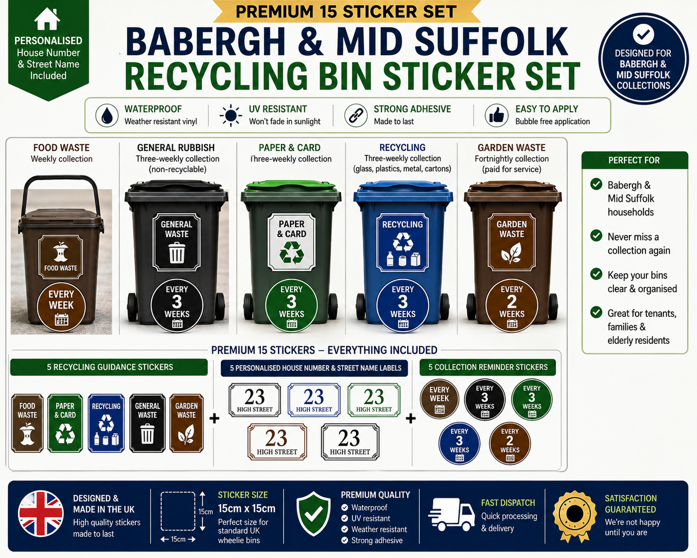 Suffolk Recycling Bin Sticker Set – Personalised Wheelie Bin Label Set (10 or 15 Sticker Sets)