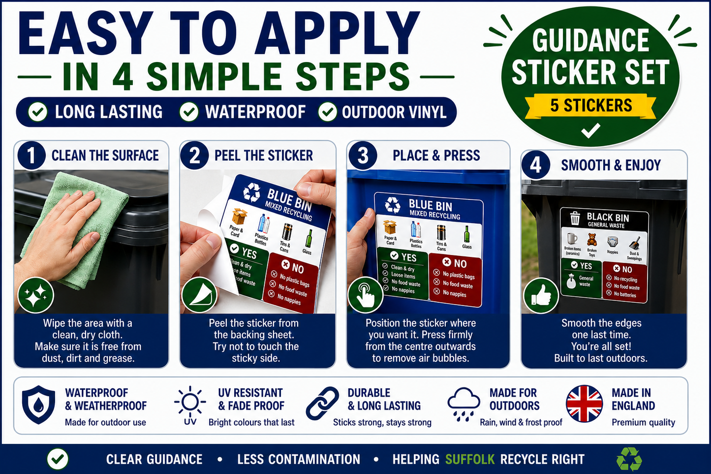 Suffolk Recycling Wheelie Bin Guidance Labels– 5 Pack Waterproof