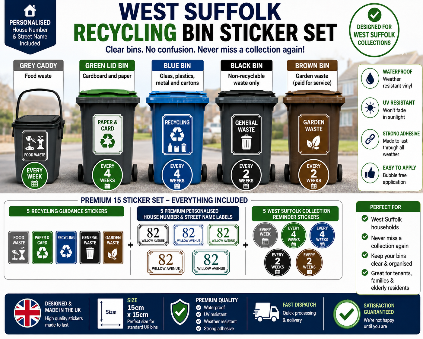 Suffolk Recycling Bin Sticker Set – Personalised Wheelie Bin Label Set (10 or 15 Sticker Sets)