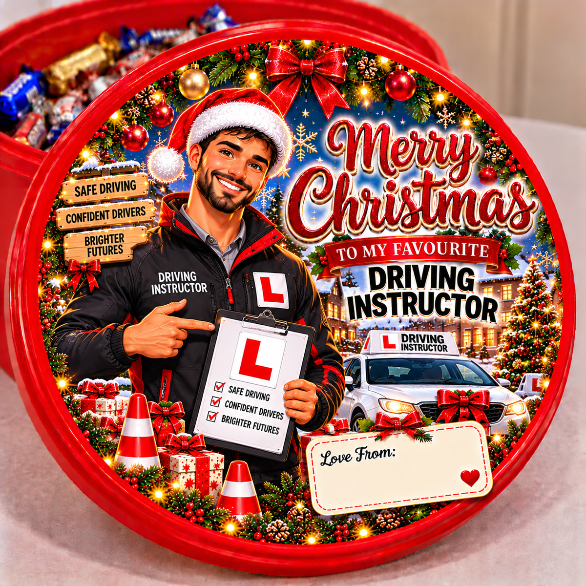 Male Driving Instructor Christmas chocolate tub sticker design
