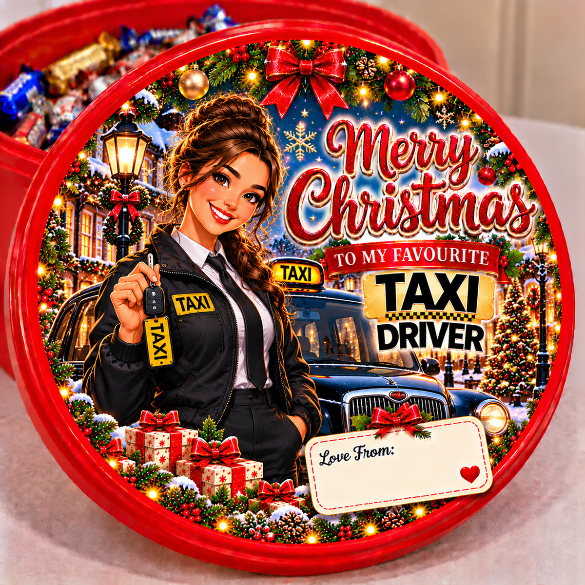 Female Taxi Driver Christmas chocolate tub sticker design